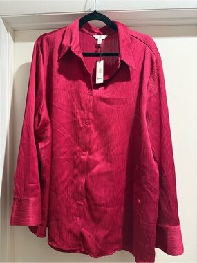 NWT Banana Republic Raspberry Crinkle Asymmetrical Silk Button Down Blouse XXL
